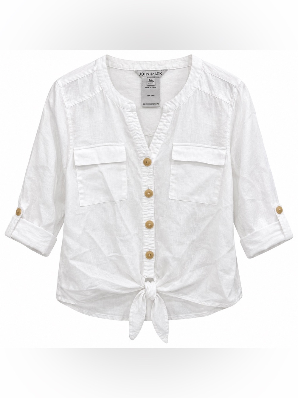 John Mark Women’s XL White 100% Linen Blouse Button Front Tie Hem Utility Top